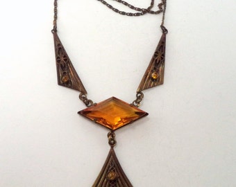Art Deco Czech Glass Necklace Gilt Brass Orange Citrine Color Glass