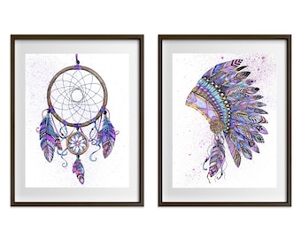 Zentangle Dreamcatcher and Native Headdress Watercolour Prints (pair) Purple set OR blue/green set. Tribal, American Indian, boho, nursery