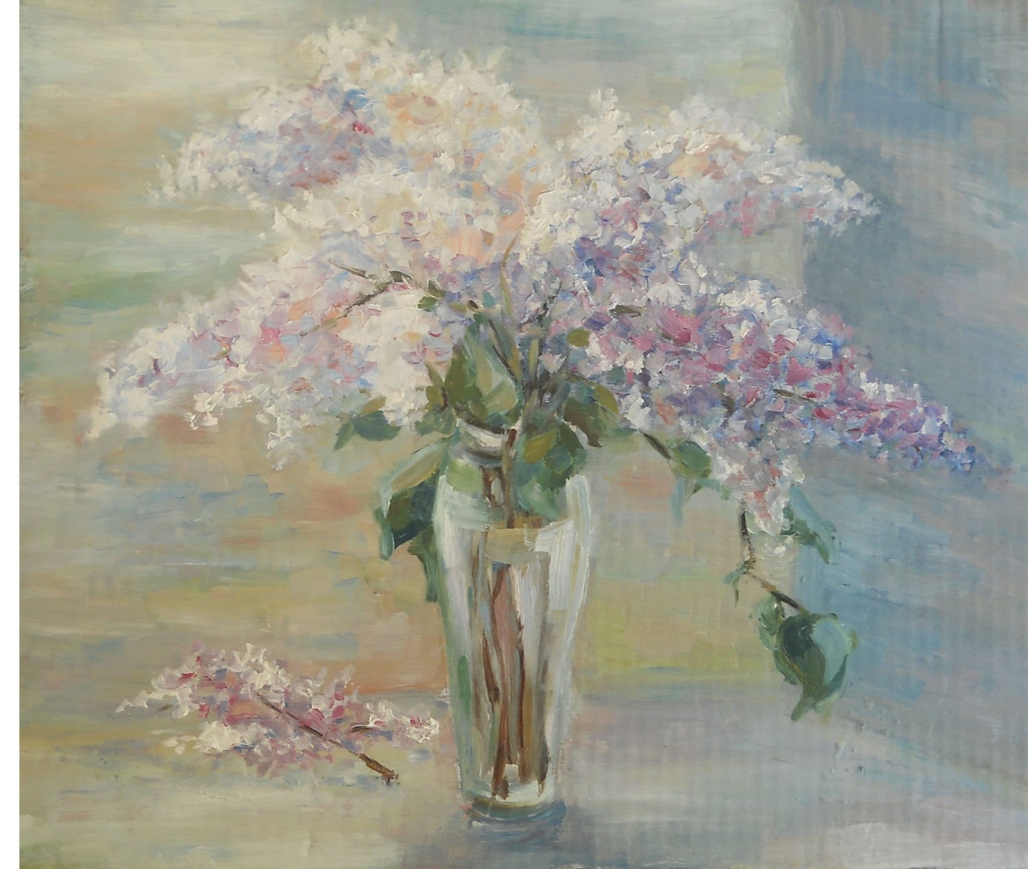 Bouquet of Lilac flower in glass vase Still Life Original Oil