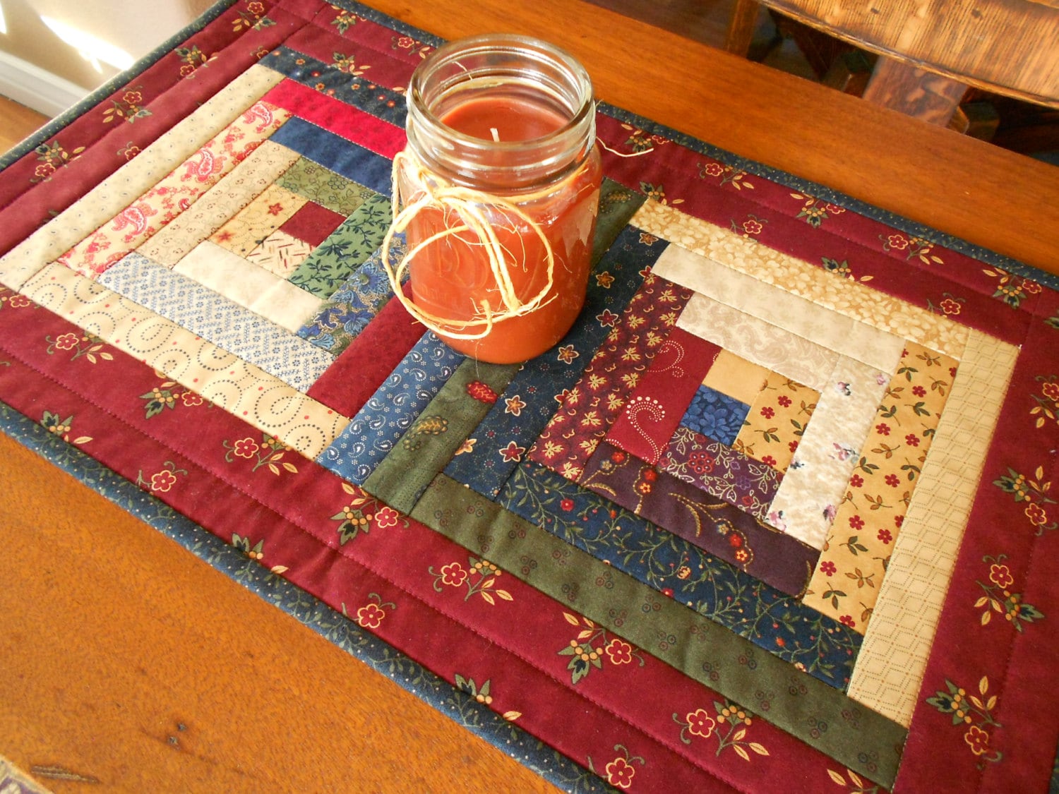Quilted Log Cabin Table Runner/ Country Primitive Fabrics of