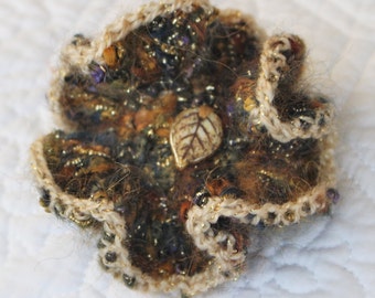 Gold crochet brooch, Crochet label pin, Handmade mohair brooch, Scarf pin, Flower brooch, Shawl pin, Fall crochet jewelry, Brown leaf pin