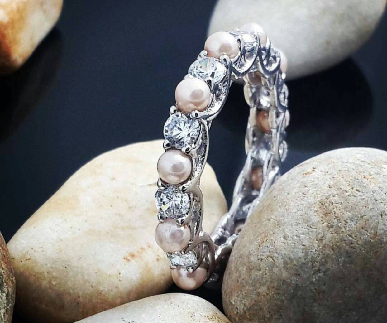 Pearl eternity 14k gold pearl ring white sapphire pearl