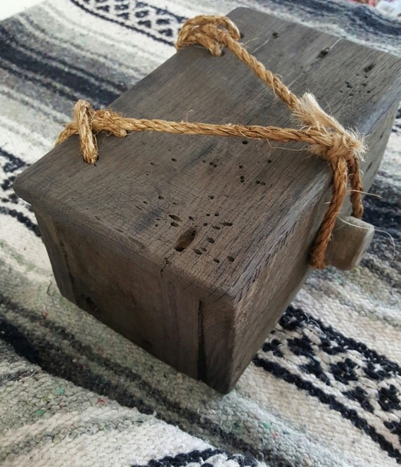 Hand made wooden rustic box with rope hinges 9 long x