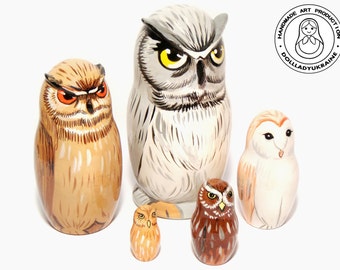 Owl Nesting Dolls 11 cm, Matryoshka russian Nesting Doll 5 pcs, Kids Gift, Animal Nesting Toys, Room Decor, Gift for Mom, Owl Decor, Owls