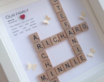 Family frame, scrabble frame, scrabble wall art, personalised gift, scrabble tiles, birthday gift, handmade gift, home decor