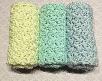 Set of 3 Cotton Crochet Washcloths, Yellow, Mint and Blue.