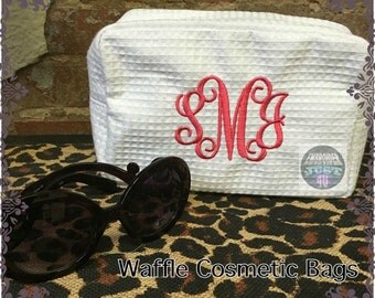Personalized Waffle Cosmetic Bag,HTV Glitter Vinyl or embroidered,Monogram or name,Wedding Gift Bride,Flower Girl or Bridesmaids Gifts.