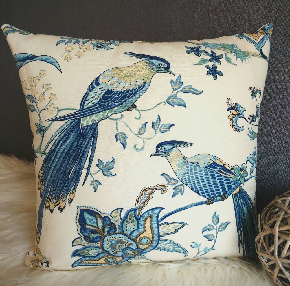 Blue bird pillow cover tropical bird throw by CoussinsElegance