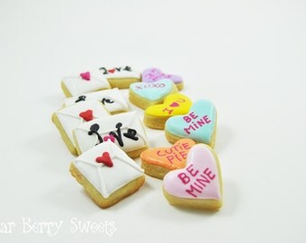 Mini Valentine Sugar Cookies - Cute decorated sugar cookies - Tiny Conversation Hearts and Love Letters - Valentine's Gift for him or her