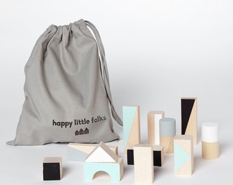 24 Wooden blocks in Mint & Monochrome colours packed in cotton bag - Building blocks - Wooden toys - Eco friendly toys - Baby toddler gift