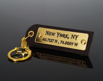Leather keychain, Latitude Longitude Keychain, Personalized keychain, Personalized mens, Coordinates keychain, Engraved Keychain, Key fob