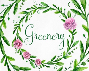 Green wreath clip art Watercolor floral arrangements Garden greenery clipart Summer flowers purple Hand painted wreath Digital download