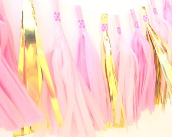 Pink & Gold Tissue Paper Tassel Garland. First Birthday | Hen Party | Christening | Kids Room | Playroom Decor | Girl's Birthday Party