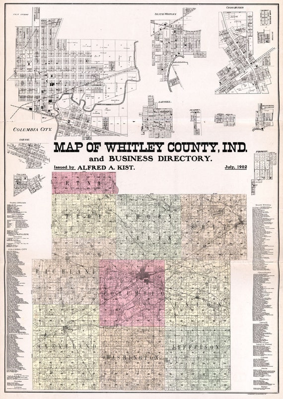 1865 Farm Line Map Of Whitley County Indiana Columbia City 8778
