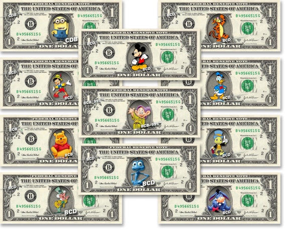 Disney Characters on Real Money Custom Dollar Bill Art