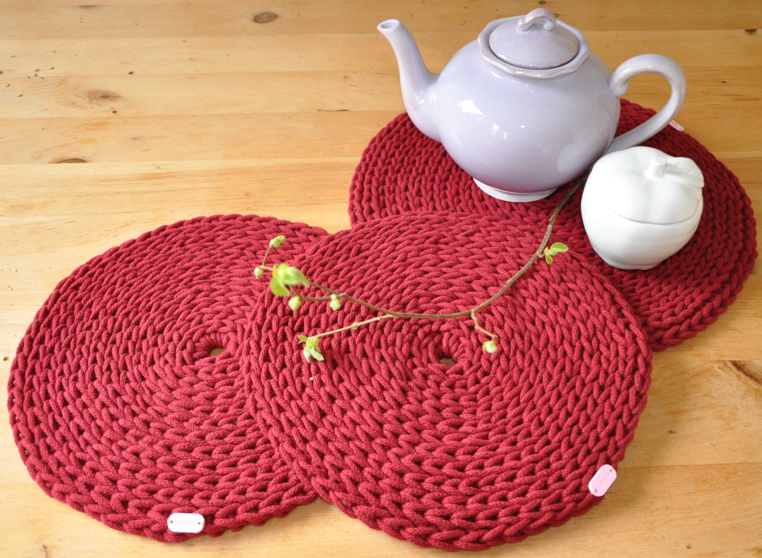 Crochet Round Placemats set of 3 Red by ThoughtsofHomeDecor