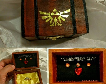 Nintendo inspired Zelda Engagement Ring Box w/ Quote inside "It's Dangerous to go alone!...Take this". Hand painted and made to order 3X2x2"