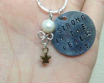 Steven Universe Pearl Necklace Hand Stamped Charm "Strong in the Real Way" w/Matching Earring Option!