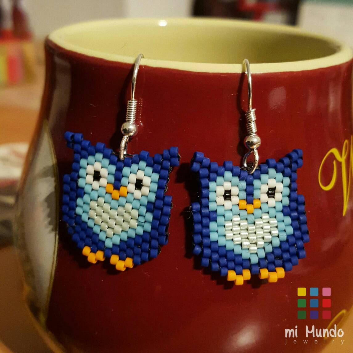 Owl earrings blue owl earrings Miyuki beaded by MiMundoJewelry