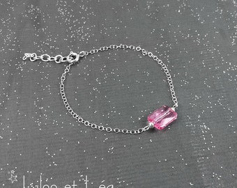 Pink rectangular Swarovski crystal bracelet, sterling silver 925