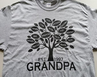 Custom Grandpa or Grandma Family Tree with all Grandkids names T-shirt on Short Sleeve Adult T-shirt