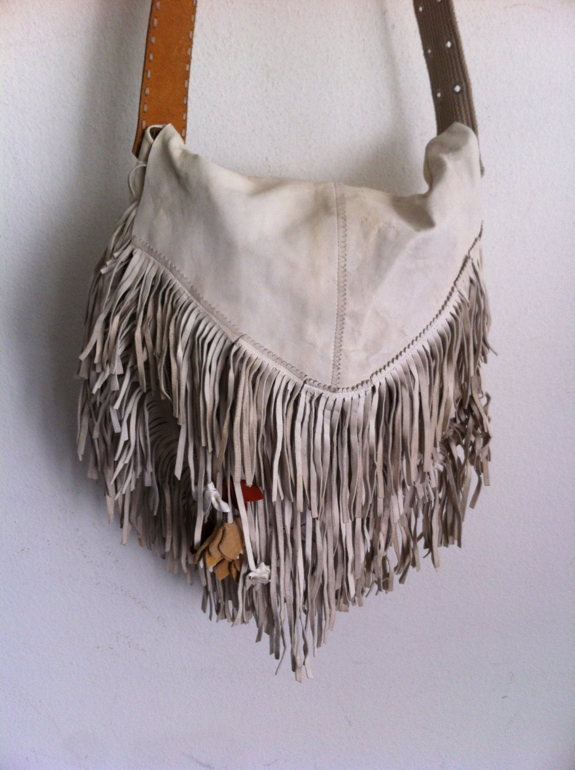 Fringe leather bag beige shoulder bag size large handbag