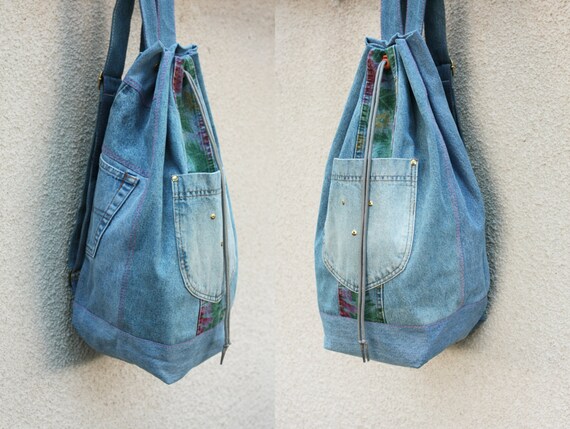 90s denim backpack upcycled vintage floral print blue jeans