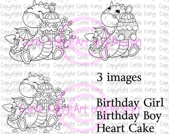 Digital Stamp, Digi Stamp, digistamp, Tori the Dragon with Cake by Conie Fong, cupcake, birthday, celebration, congratulation, coloring page
