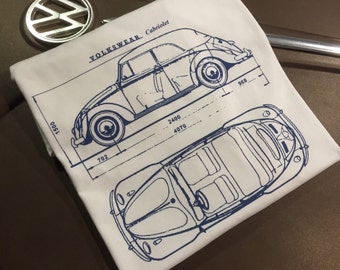 Classic Volkswagen Beetle Cabriolet Blueprint T-shirt. Full front print on a 100% cotton preshrunk Tee. White shirt, navy blue print.