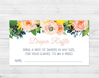 Diaper Raffle Ticket, Baby Shower, Floral, Watercolor, Diaper Raffle Insert, Printable, Instant Download