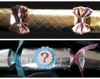 Baby GENDER REVEAL or New Baby ANNOUNCEMENT party cracker poppers, we Form them and you Fill them, personalize custom empty party crackers