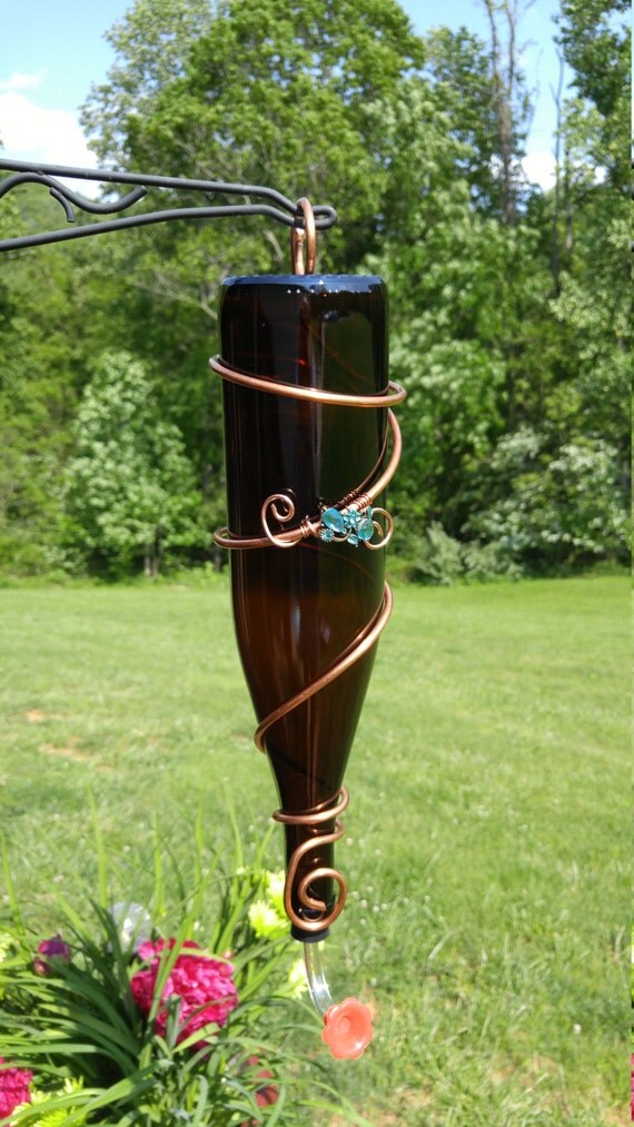 Glass Wine Bottle Hummingbird Feeder Dark Amber Recycled Wine