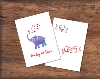 Printable Watercolor Elephant Valentine's Day Card- INSTANT DOWNLOAD, Lucky in Love