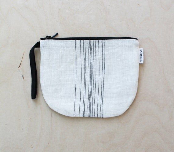 Items similar to Black and White Round Pouch, Black Embroidery on White ...