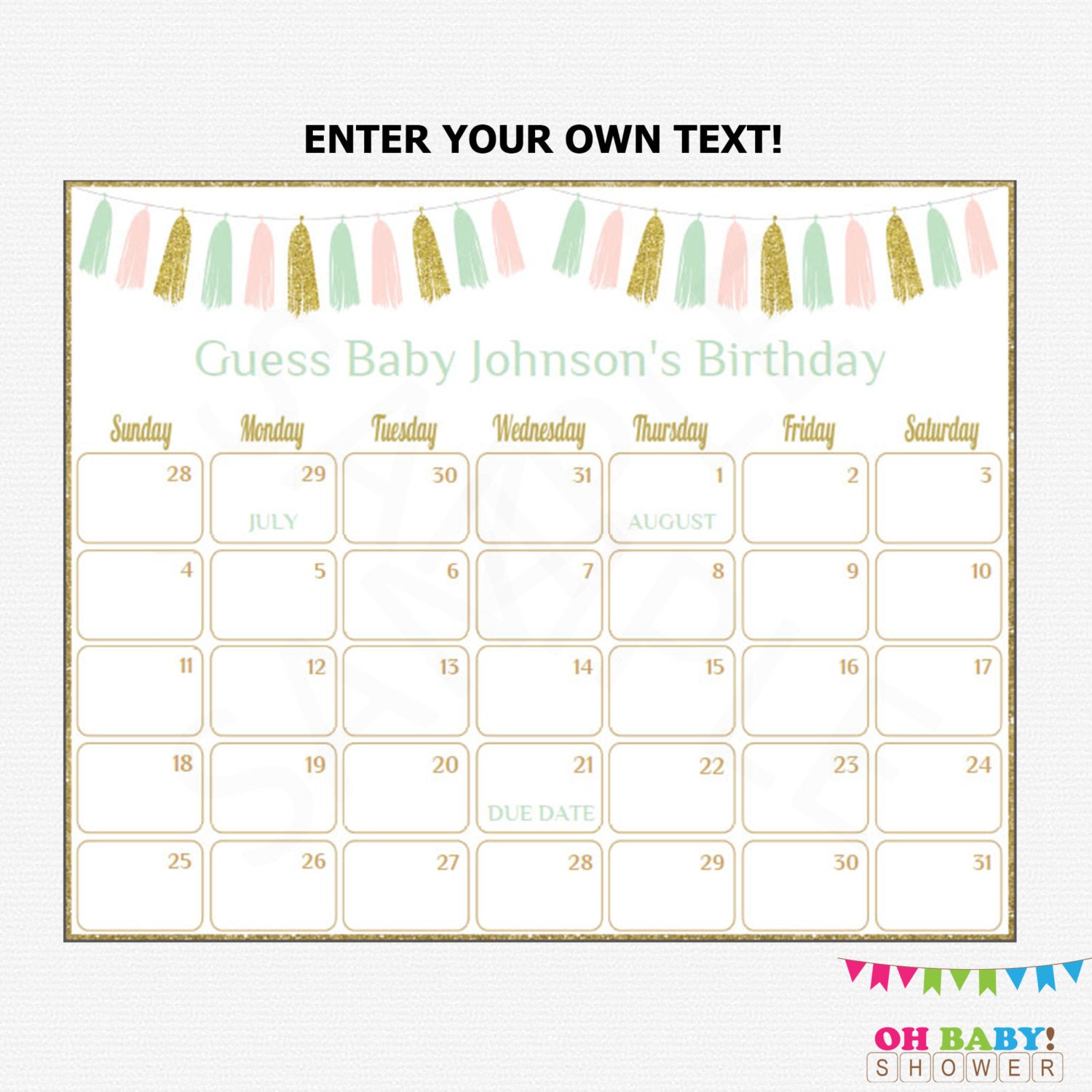Editable Baby Due Date Calendar Baby Shower Pink Mint Gold