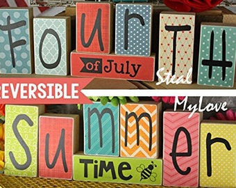 Fourth of July - Summer Time: DIY Unfinished Wood n Vinyl - Fourth of July and Summer Letter Decoration Kit- Reversible Blocks Letters