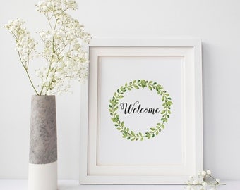 Welcome Wreath Sign, Welcome Sign Entrance Wall Decor, Welcome to our Home Guest Room Decor, Watercolor Wreath Welcome Printable Wall Art