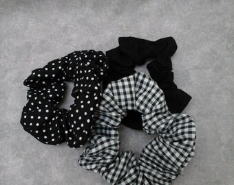 Hair scrunchies, pack of 3, monochrome, black and white, cotton fabric, hair accessory, polka dot, scrunchie,