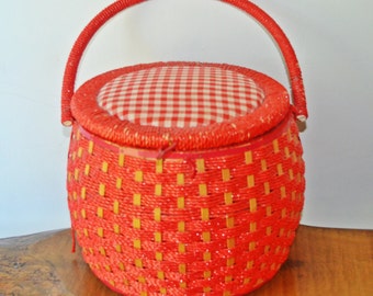 Sewing Basket, Vintage Red Sewing Basket, Red Wicker Basket