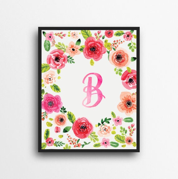 Monogram Letter B Print Floral Wreath Monogram Initial