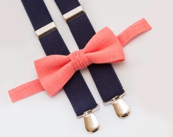 coral bow tie & navy blue suspenders, ring bearer outfit, groomsmen bow tie suspenders