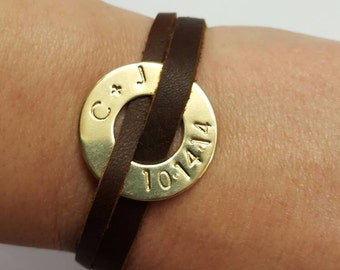 Personalized washer bracelet, Personalized leather bracelet, Genuine leather bracelet, Handstamped bracelet, Anniversary date bracelet