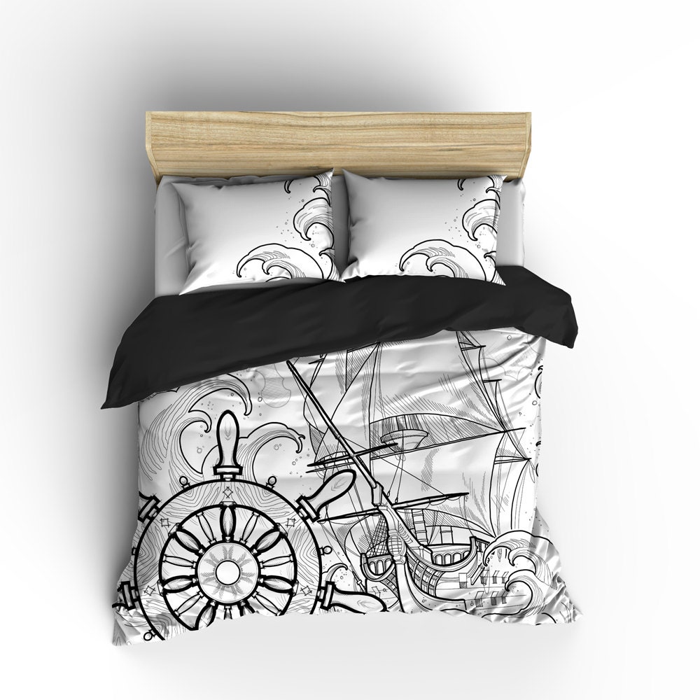 Pirate Ship Bedding Black Pirate Ship Storm Printed on White