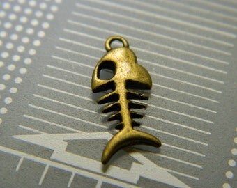 Bronze Salt Life Skeleton Fish Charm Pendant - Small Fish Bones Pendant Charm
