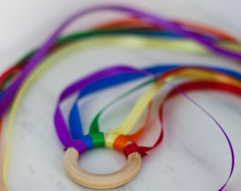 Rainbow Hand Kite, Open end play, Dancing ribbon, Wand, Wooden Ring, Outdoor play, Rhythm Ring, Waldorf Kite,