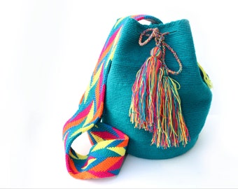 Teal mochila bag, bag with tassel, ethnic bag, messenger bag, bucket bag, colorful bg, gift for her, ethnic, statement bag, cotton bag