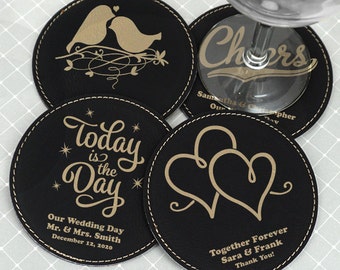 Wedding Coasters, Personalized Faux Leather Coasters, Round, Black - Set of 4