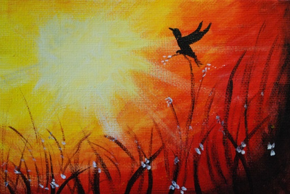 Items similar to BIRD and the SUNSET Silhouette - Acrylic Painting - 5