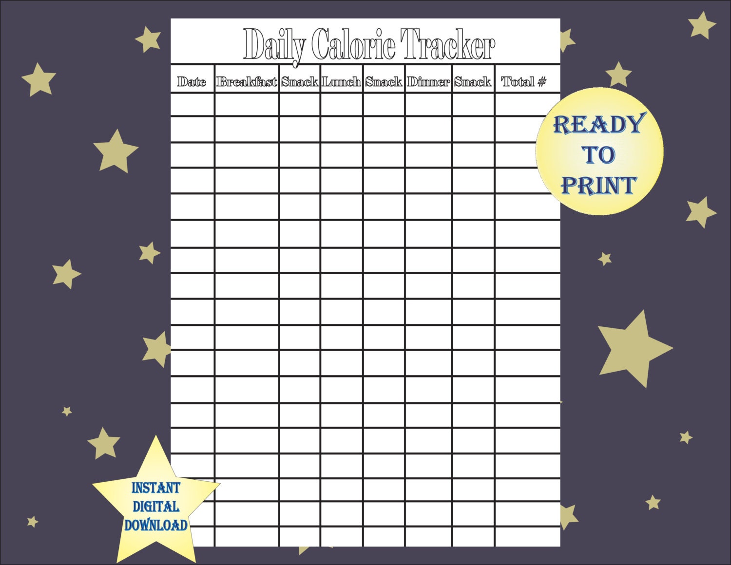 Daily Calorie Tracker Single Printable Sheet Black and White 8
