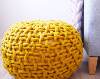 Mustard yellow knitted pouf ottoman footstool - mustard pouffe ottoman footstool - yellow chunky knit footstool - knitted pouf - knit pouf